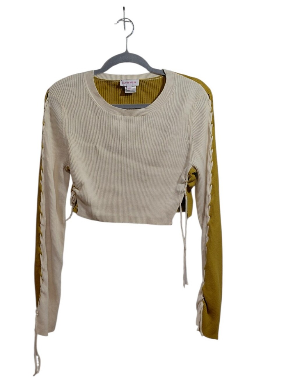 Two-Tone Lace-Up Crop Sweater - Cream & Mustard